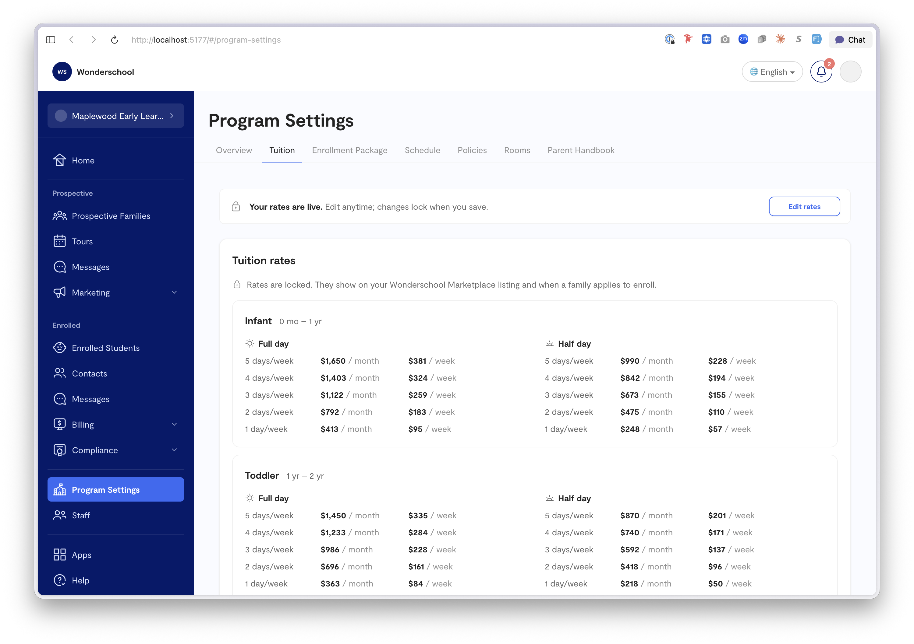 Program Settings tuition rate grid, showing full-day and half-day rates across billing cadences