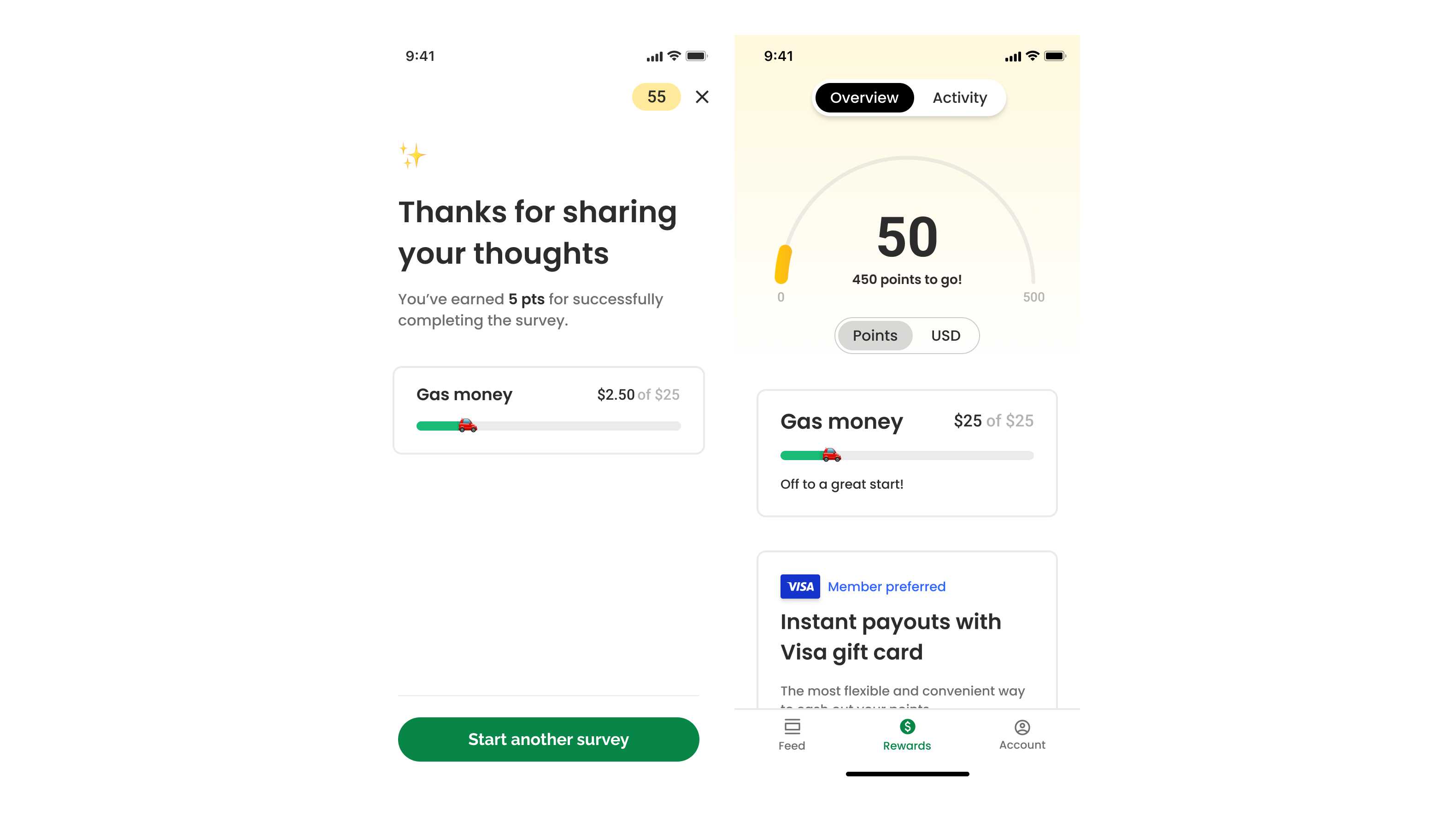 Hypothesis 2 test: survey completion goal card and Rewards page with progress gauge