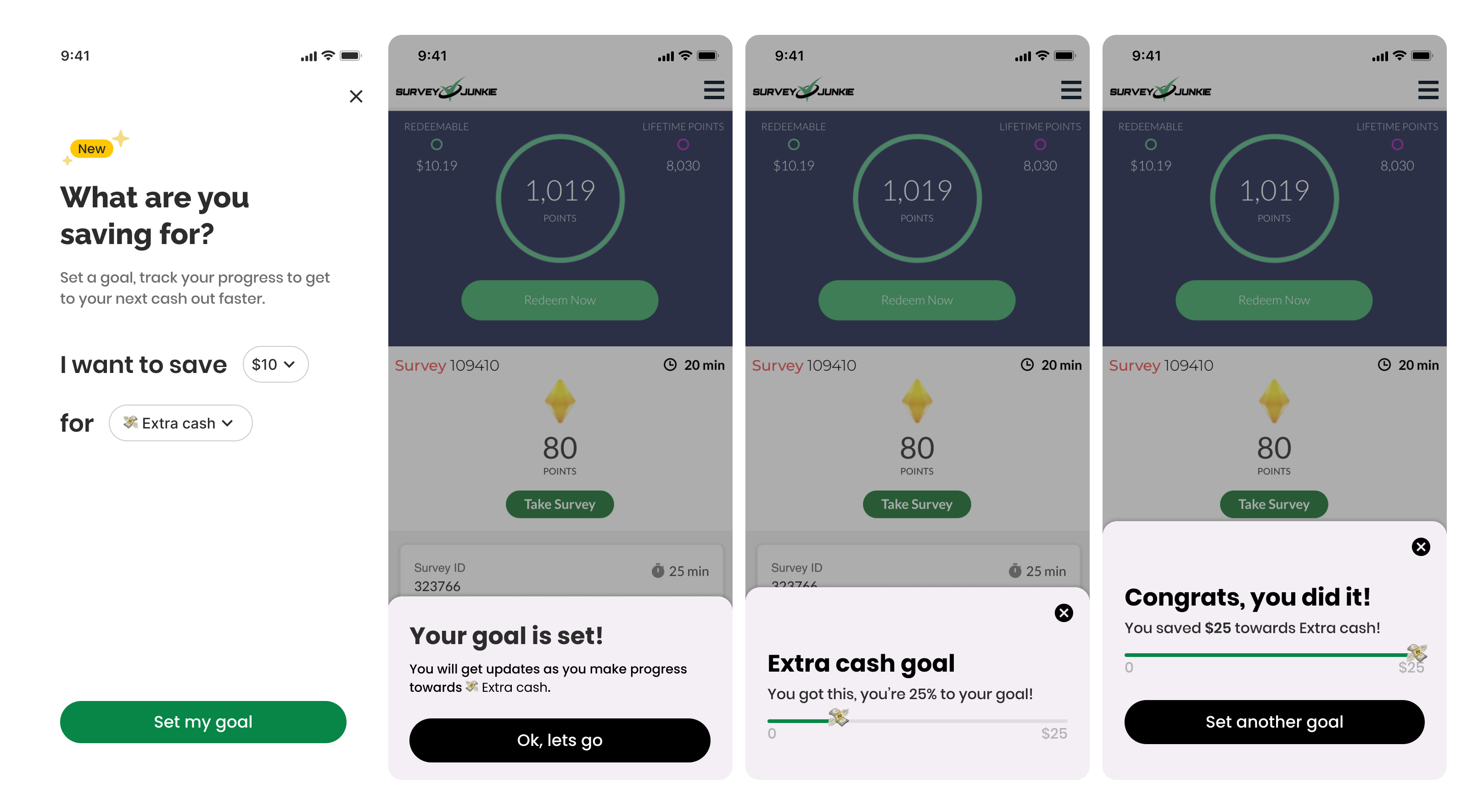Smoke Test prototype: goal setup, goal set confirmation, and congrats screens