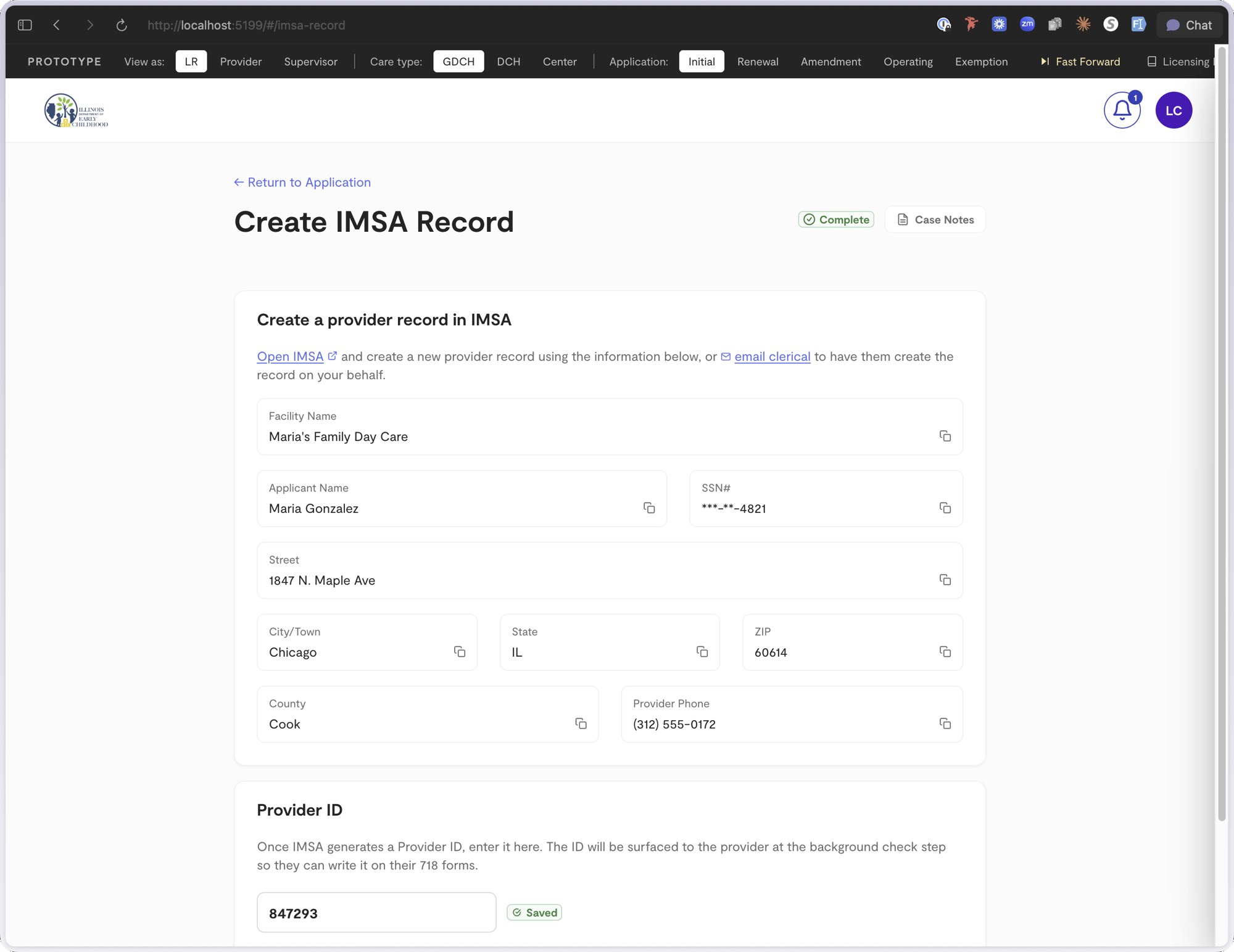 Creating a provider record in the legacy IMSA system