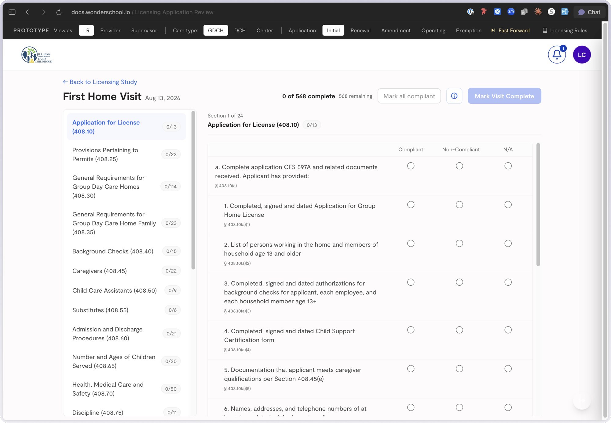 First Home Visit checklist, 568 items across 24 sections