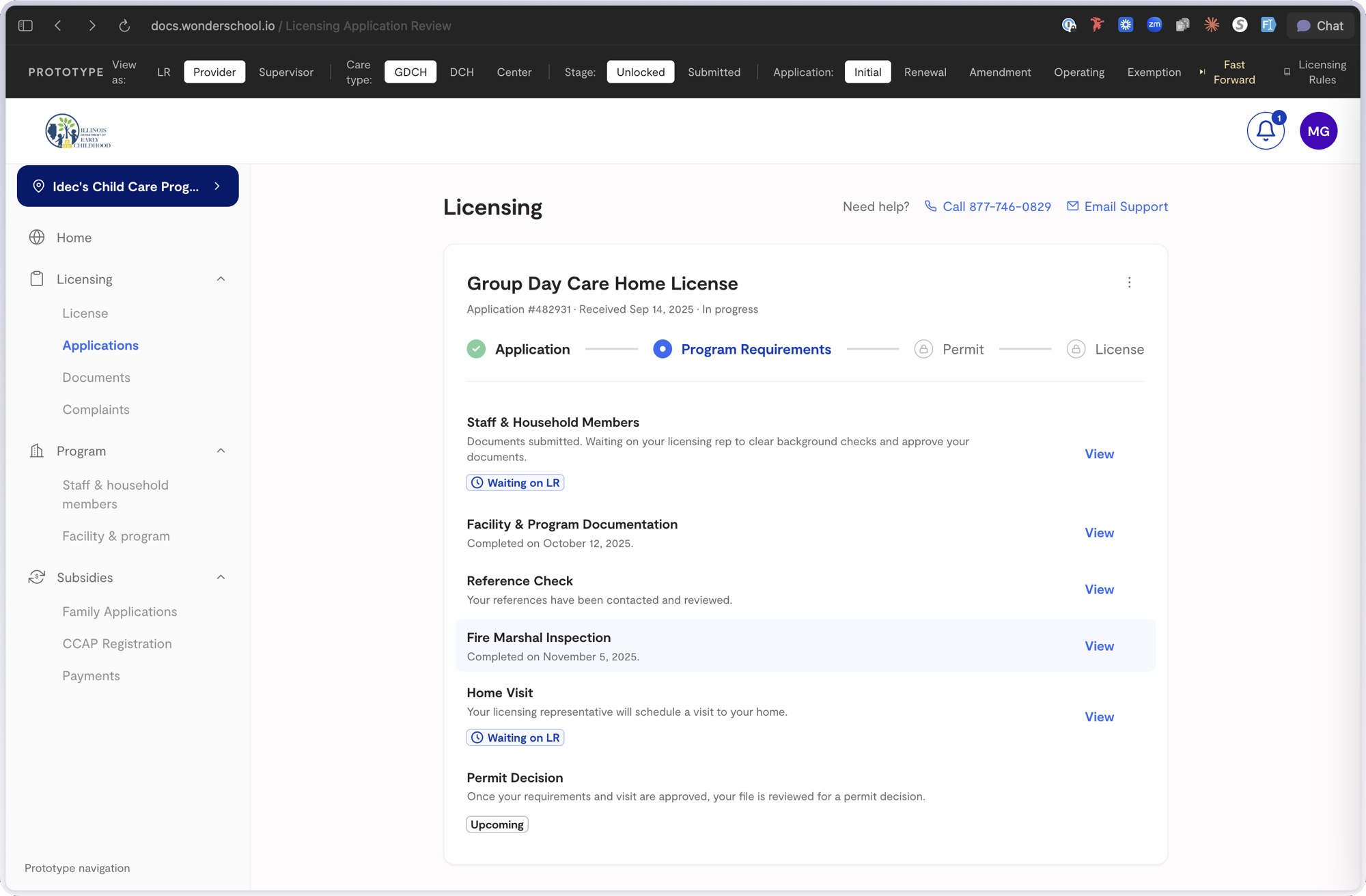 Provider view of a Group Day Care Home license application