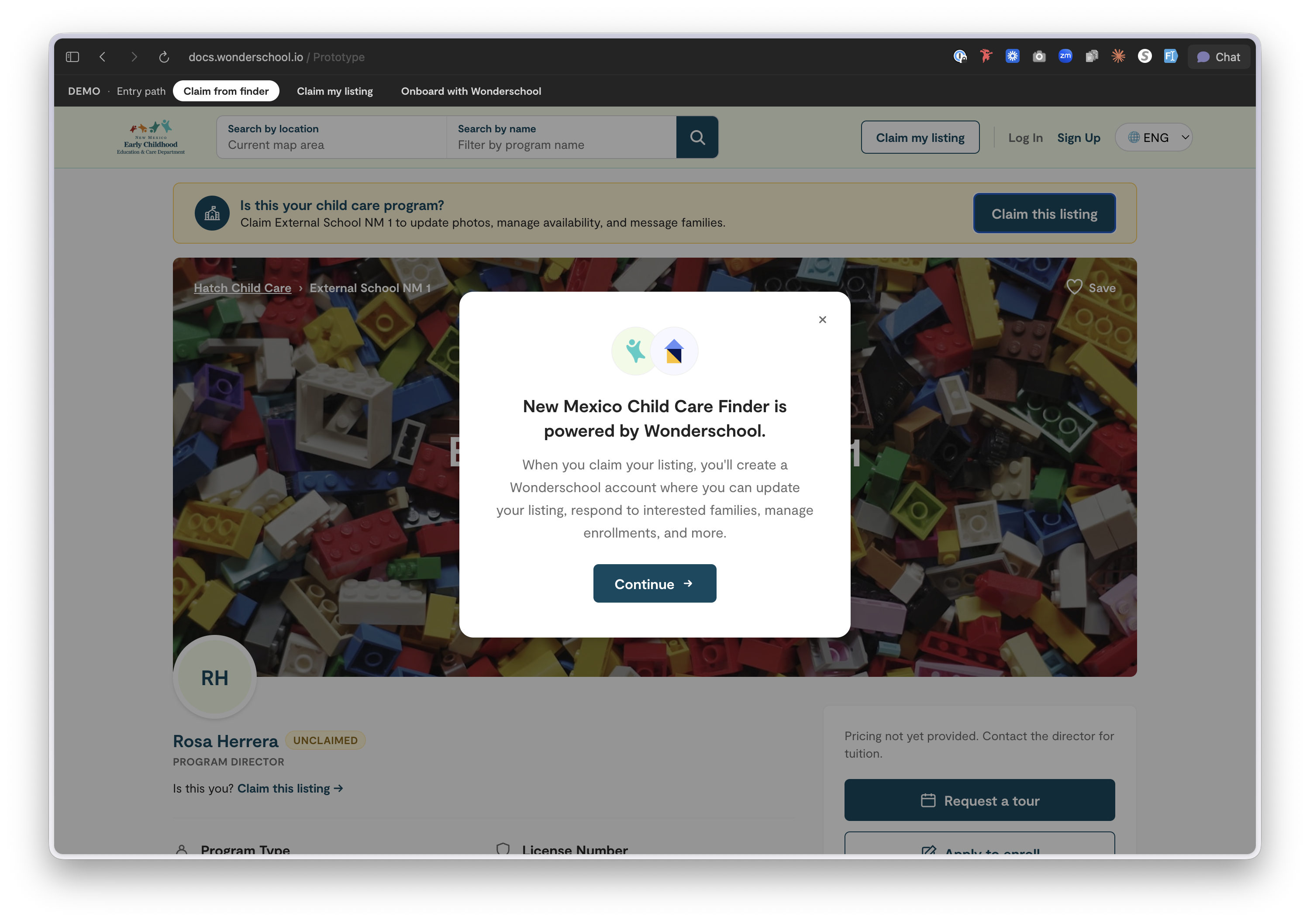 Co-branded modal reading 'New Mexico Child Care Finder is powered by Wonderschool,' explaining the account handoff before it happens