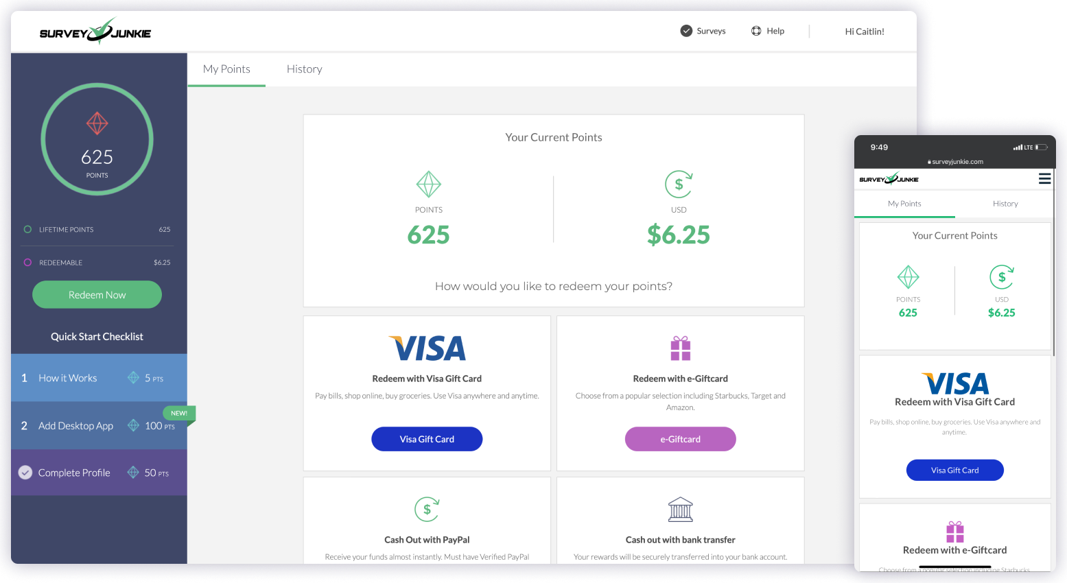 Legacy Survey Junkie redemption page, desktop and mobile